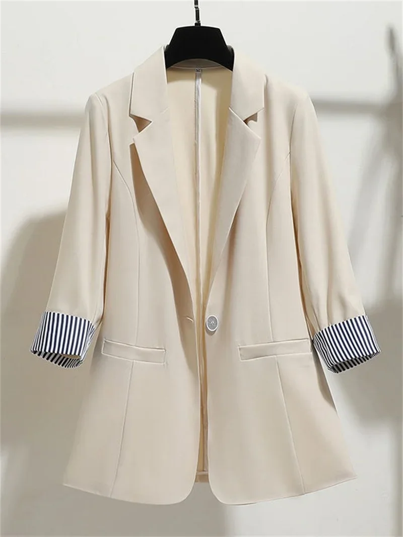 Women Solid Blazers Coat Fashion Slim Suits  Female Casual Three-Quarter Sleeve Chic Tops Thin Office Lady Blazer Spring Summer
