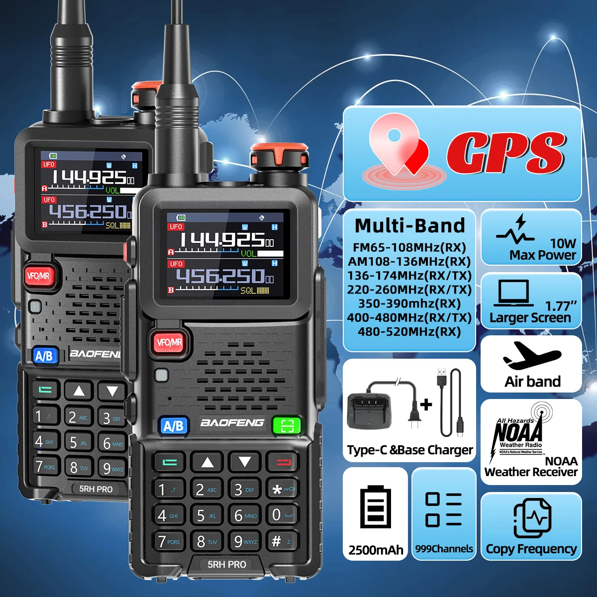 2PCS Baofeng UV-5RH PRO  GPS Multi Band Walkie Talkie Wirless Copy Frequency  NOAA Type-C Long Range UV-5R Two Way Ham Radio 4