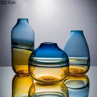 Creative Blue/Amber Gradient Glass Vase Hydroponic Flower Pots Desk Decoration Artificial Flower Decorative Floral Arrangement 1