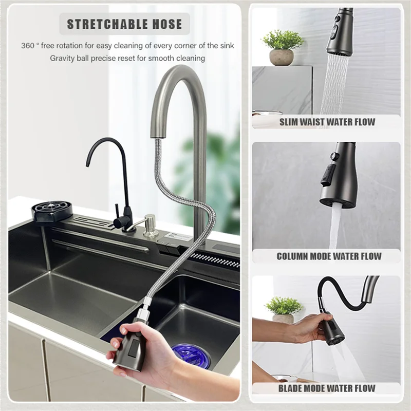 75cmx46cm 304 Stainless Steel Kitchen Sink, Piano Button, Nano Honeycomb  Integrated Waterfall Faucet Vegetable Basin Set - AliExpress