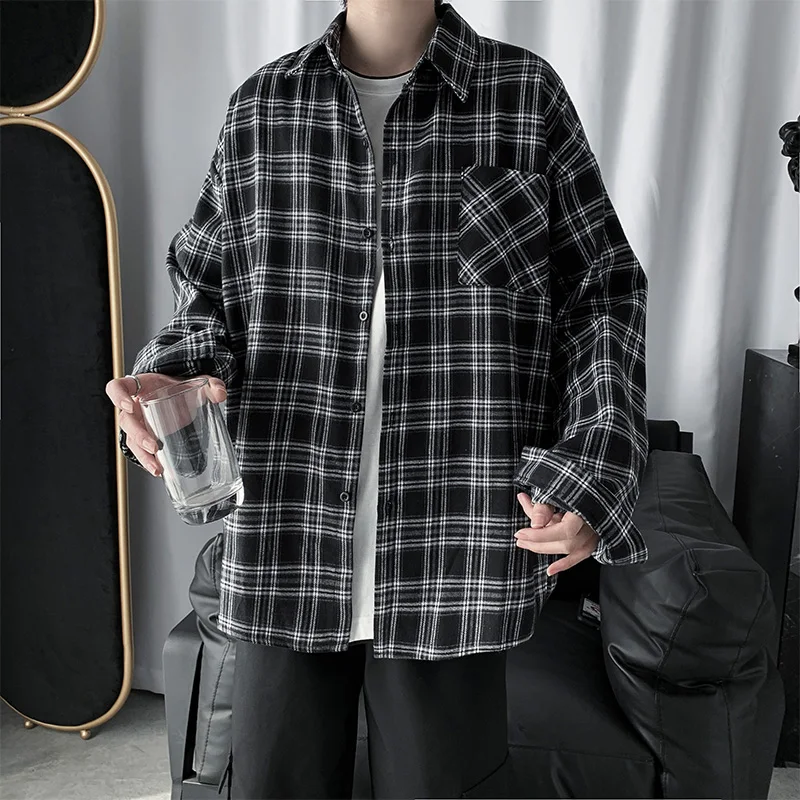 Men Shirts Oversized Cotton Plaid Shirt Button Up Hip Hop Long Sleeve Tops Korean Harajuku Mens Clothing Casual Vintage Ulzzang