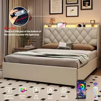 Queen Size Bed Frame with 4 Drawers & Storage Headboard, Upholstered Platform Bed with LED Lights & Charging Station, Beige 3