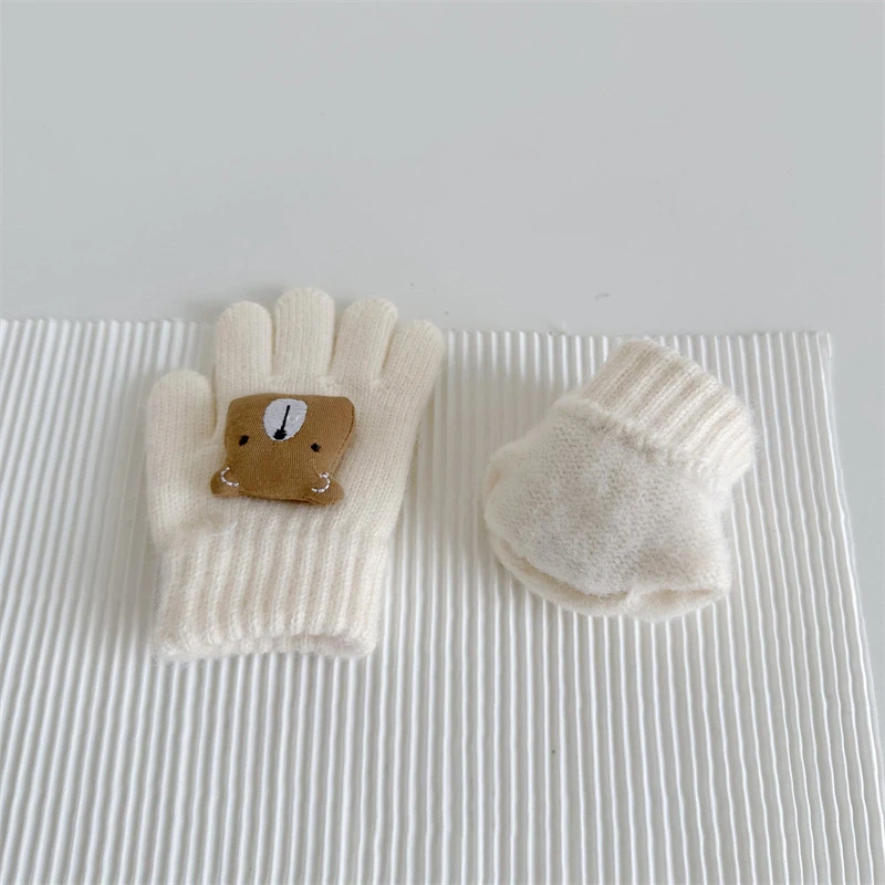 Winter Kids Knitted Gloves Cute 3D Bear Baby Mittens Thick Woolen Children Five Finger Gloves 1-4year Korean Toddler Hand Warmer 4