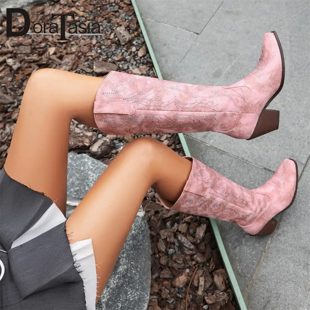 Big Size 43 New Ladies Chunky High Heels Mid-Calf Cowgirl Boots Fashion Embroider women's Cowboy Boots Vintage Shoes Woman