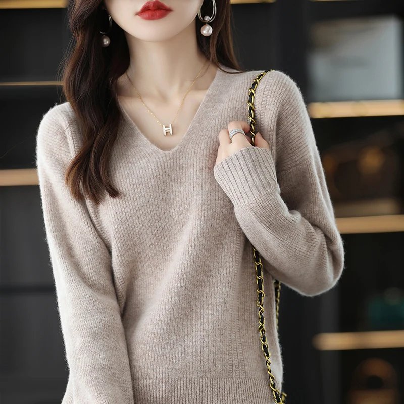 

100% Pure Wool Women's Knitwear Temperament Big V-neck Loose Lazy Wind Pullover Fashion Korean Version Cashmere Bottoming Shirt