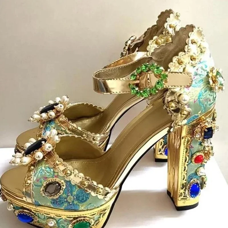 Retro Jewel-Embellished Metallic Leather Platform Sandals