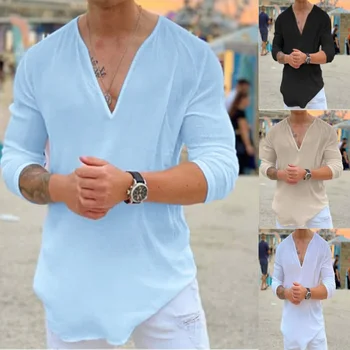 Camicia casual da uomo nuova Tendenza Moda Scollo a V Allentato Street Style Tinta unita Pullover a maniche lunghe Primavera e autunno Top 1