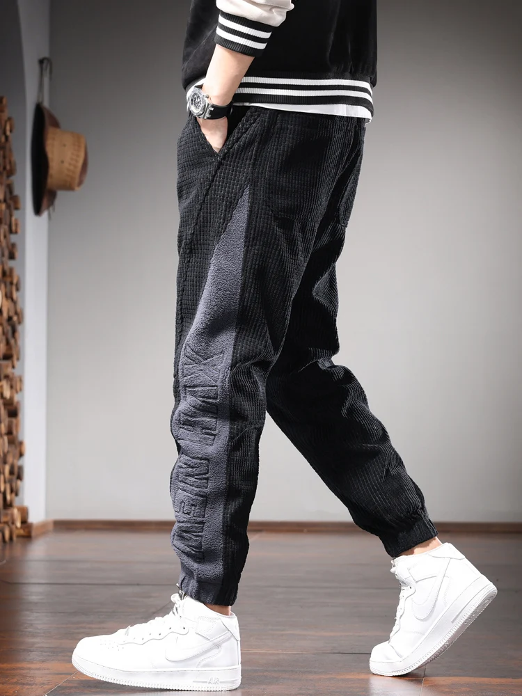 Autumn Corduroy Pants Men Casual Black Loose Harem Pants Fashion Side Stripe Sweatpants Elastic Waist Drawstring Jogger Trousers
