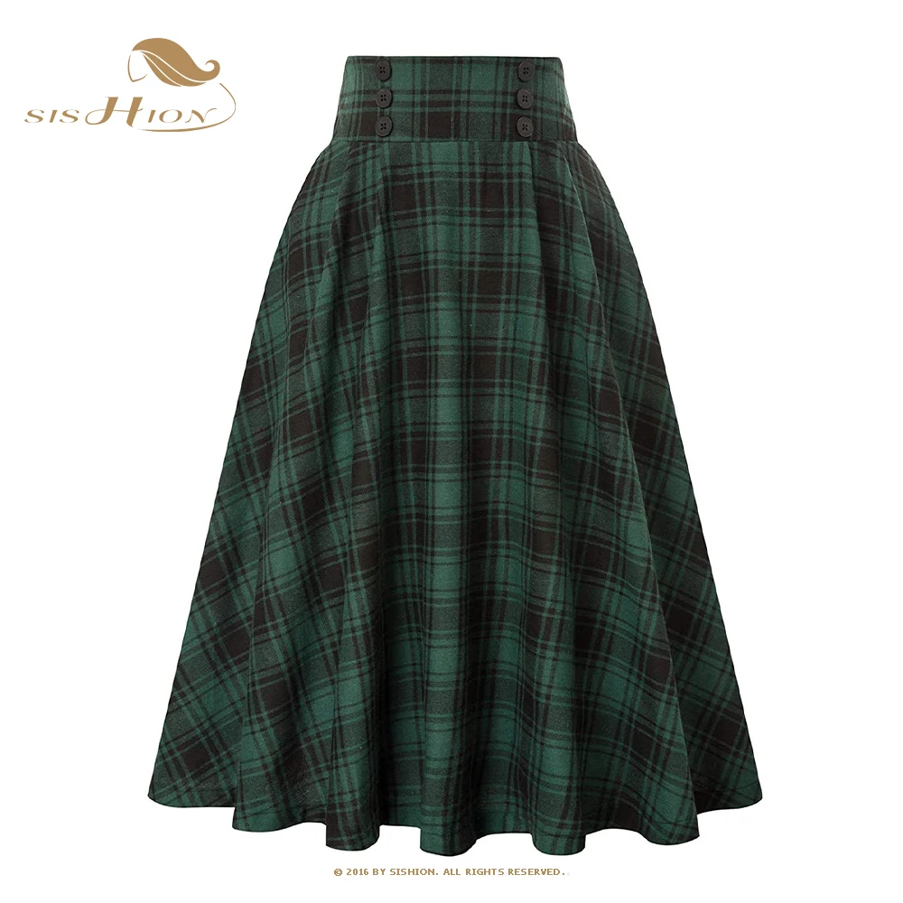SISHION 2023 Autumn New A Line Swing Buttons Long Midi Vintage Skirt SS0037 Red Green High Waist Plaid Skirts for Women Jupe
