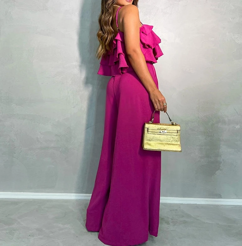 Women's Pants Set 2024 Solid Color Sleeveless Ruffle Edge Flounder Tank Top High Waist Wide Leg Pants Casual Matching Set