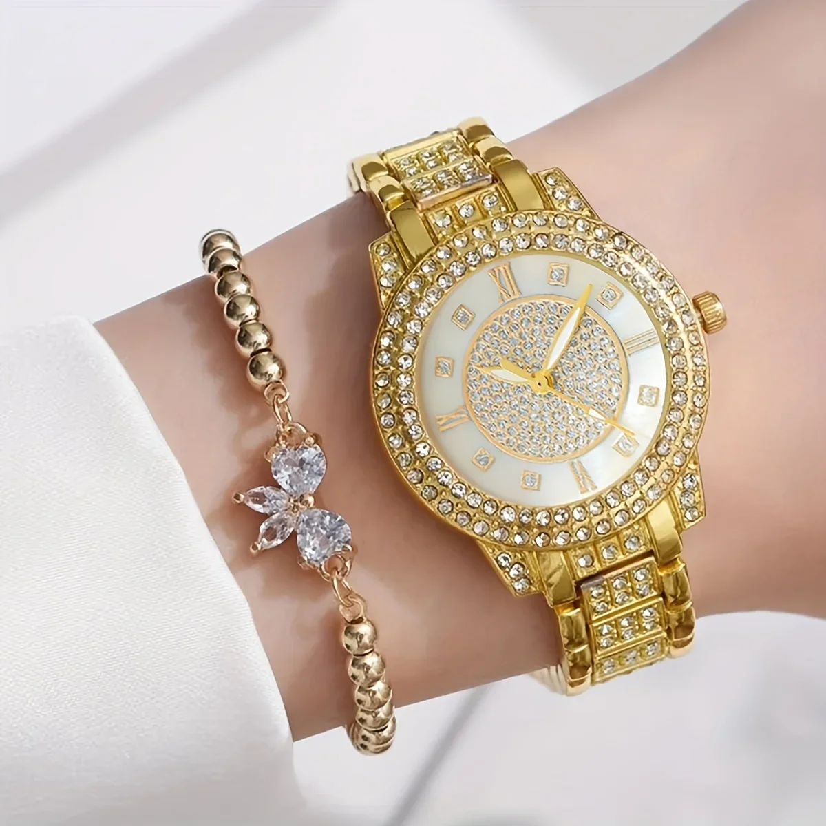 1pc Casual Rhinestone Decor Quartz Watch Elegant Round Pointer Analog Wristwatch & 1pc Bracelet, Gift For Mom/Girlfriend