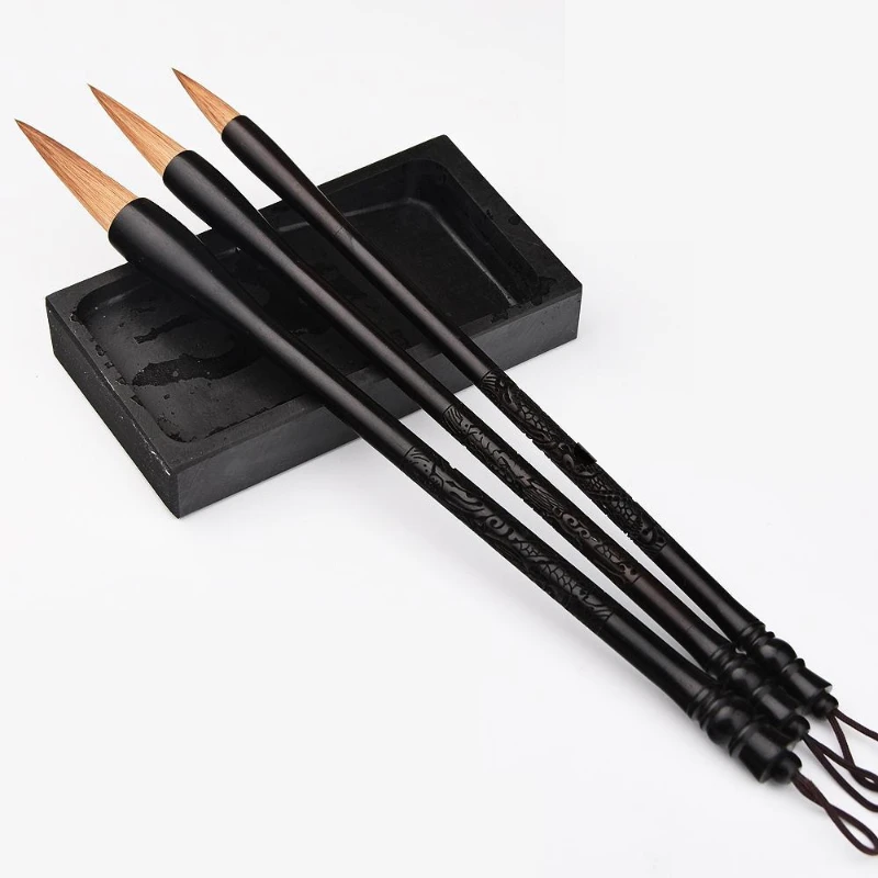 Weasel Hair Brush Exquisite Ebony Carving Penholder Ouyang Xun Regular Script Running Cursive Brush Pen Chinese Calligraphy Pen