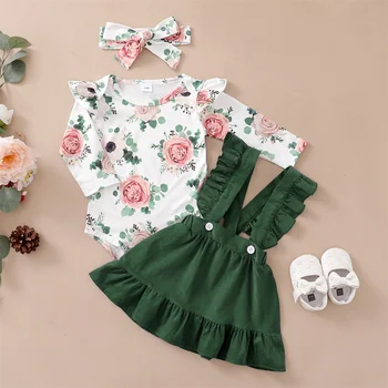 0-12Months Newborn Baby Girl 3PCS Clothes Set Floral Long Sleeve Top+Suspender Skirt+Headwear Fashion Spring&Autumn Daily Outfit 1
