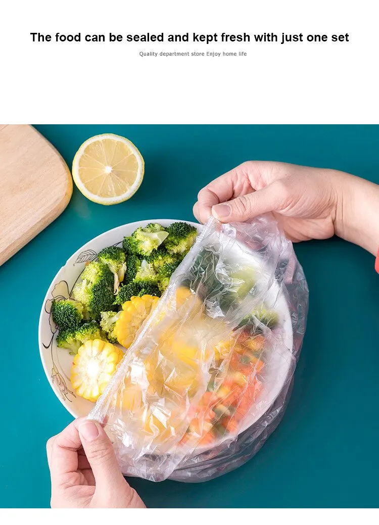 Description Picture 6 of itemDisposable Food Cover Plastic Wrap Elastic Food Lids Storage Kitchen Fresh Keeping Saver Bag For Fruit Bowls Cups Caps Reusable