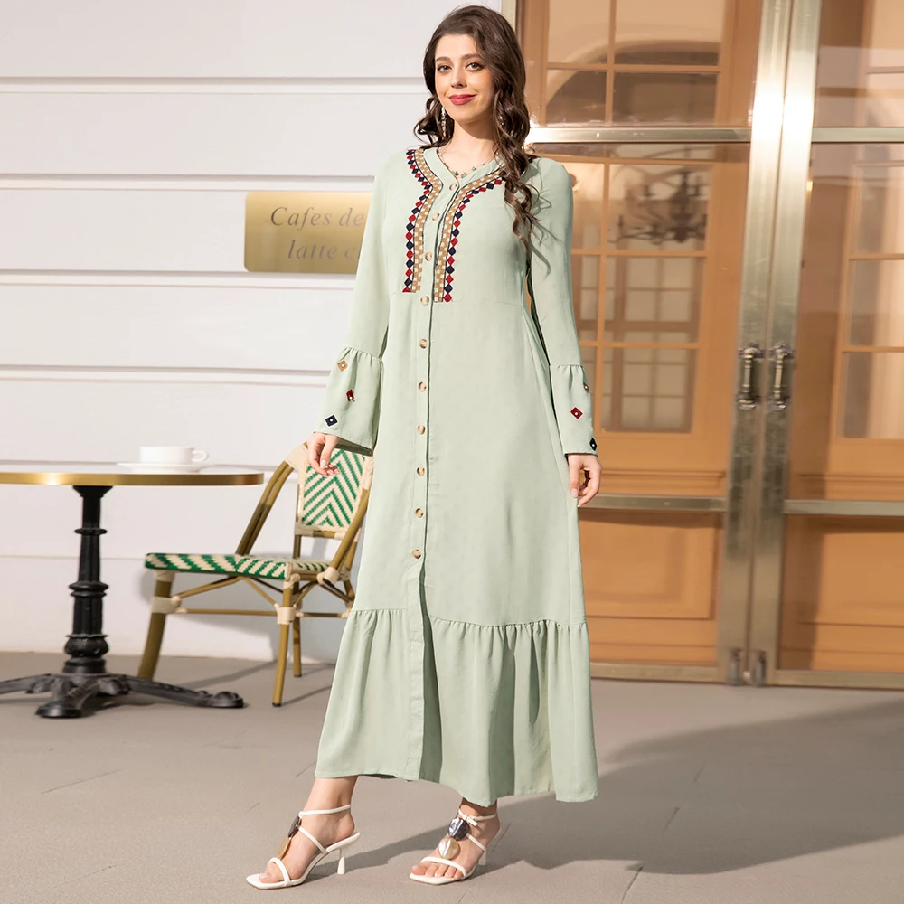 Sweet V-neck Color contrast Solid color Embroidery Buttons Flared sleeve Kaftan