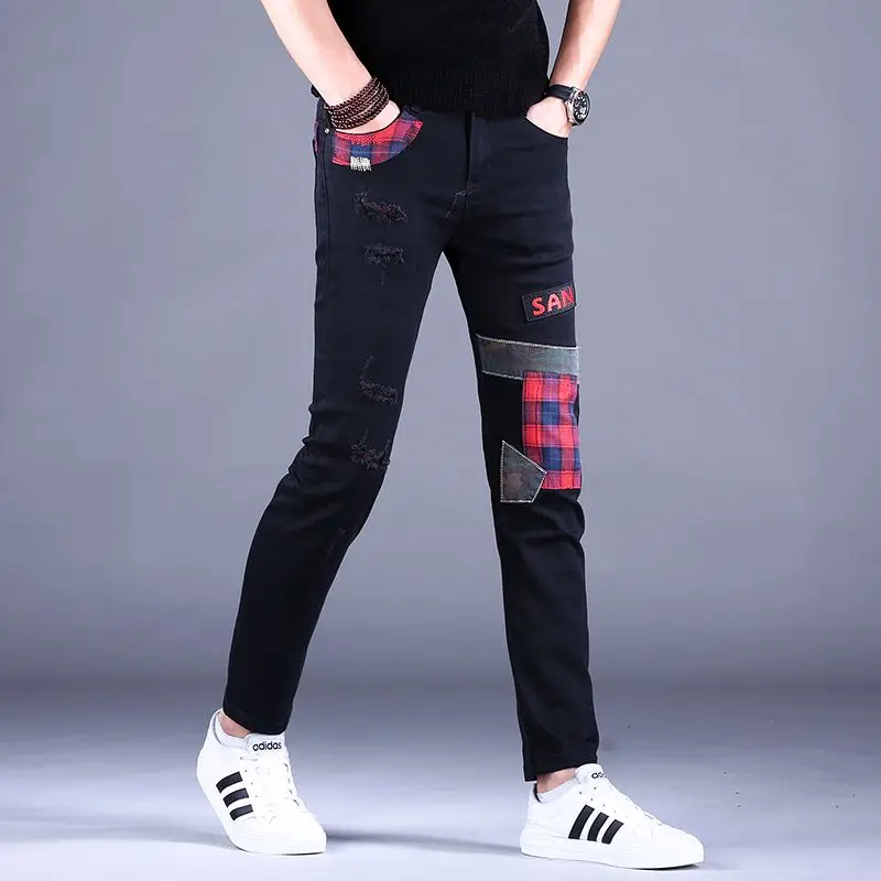 

High Quality Men’s Street Fashion Ripped Style Casual Pants,Korea Version Slim-fit Patchwork Pants,Youth Trendy Sexy Pants;