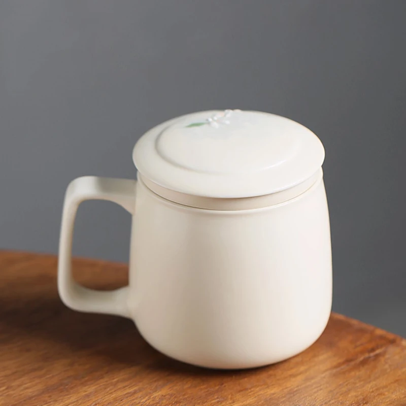 Chinese Style Ceramic Relief Butterfly Pattern Mug Personal Office Creative Teacup With Cover Filtered Tea Water Separation, 1Pc