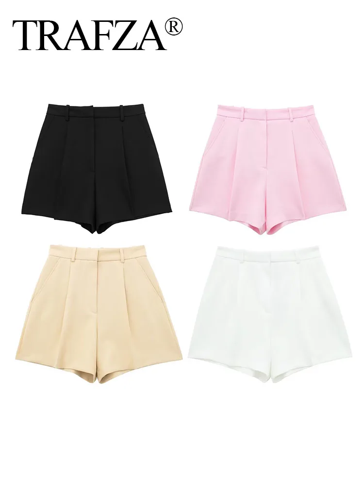 

TRAFZA Women Fashion Shorts Solid Color Side Pockets Front Pleated Slim High Waist Zipper Female Casual 4 Colors Short Pants