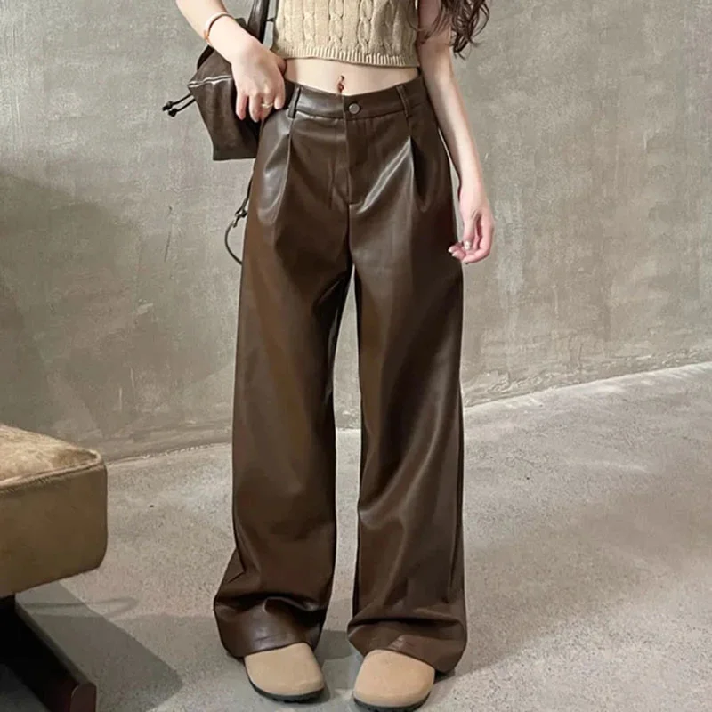 

Новинка 2024, Свободные корейские брюки в стиле ретро из искусственной кожи, женские весенне-осенние брюки с эластичным высоким поясом и широкими штанинами, Женские повседневные длинные брюки