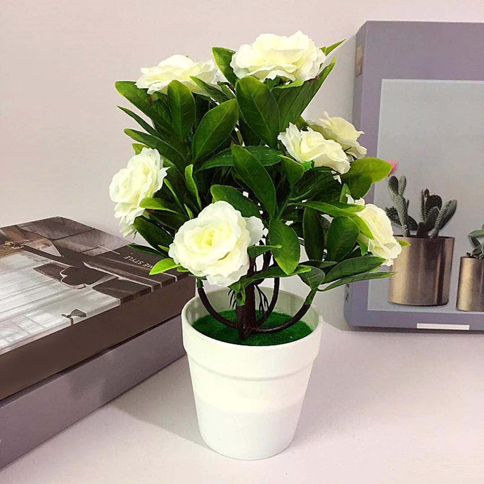 Fade Free Artificial Flower With White Vase, Easy To Care Mini Fake