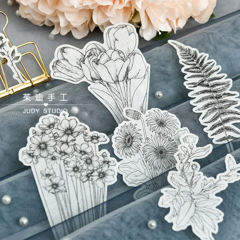 Drawing Plant Junk Journal Ephemera Vintage Sticker Flower Album Aesthetic Sticker Scrapbooking Material 58 Pcs