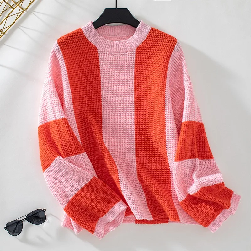 Women's autumn and winter contrasting striped round neck pullover knitted sweater