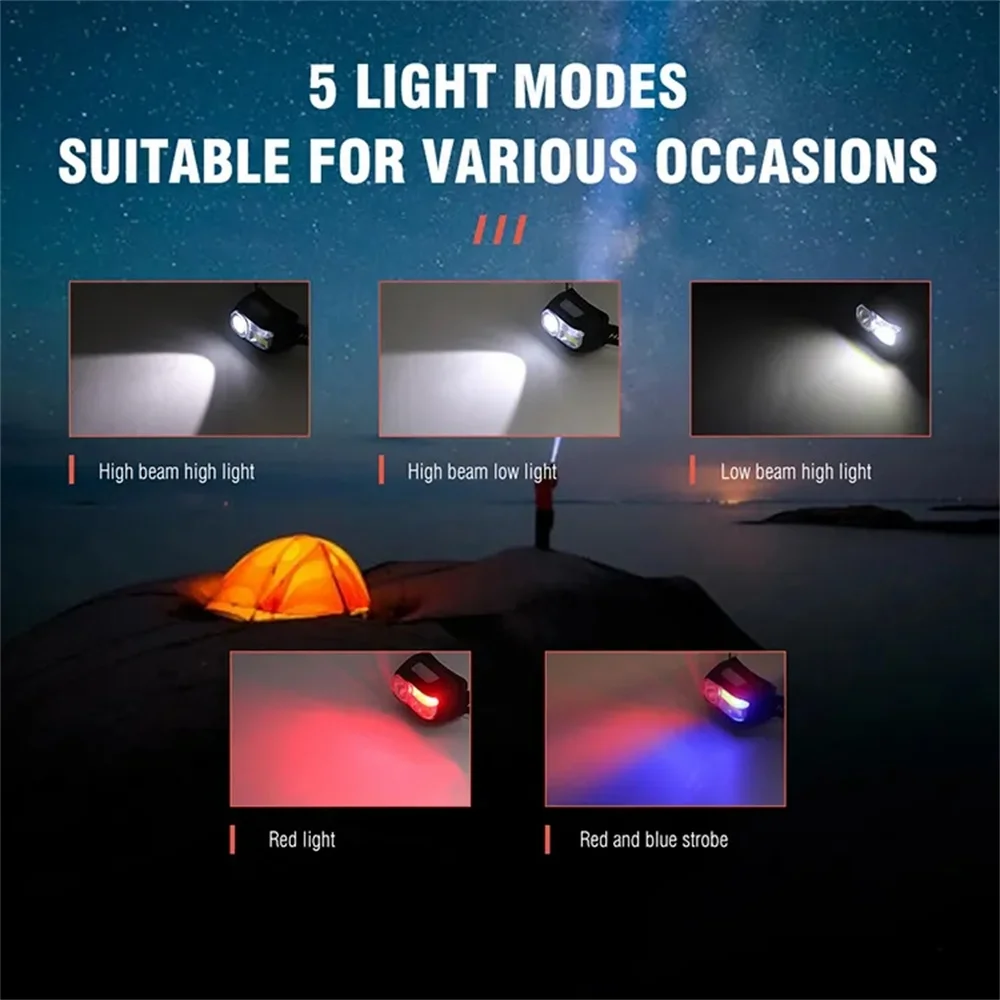 LED 6 가지 조명 모드 헤드 램프 빨간색 및 파란색 경고등 모션 센서 USB 충전식 헤드 라이트 헤드 토치 손전등 헤드 라이트