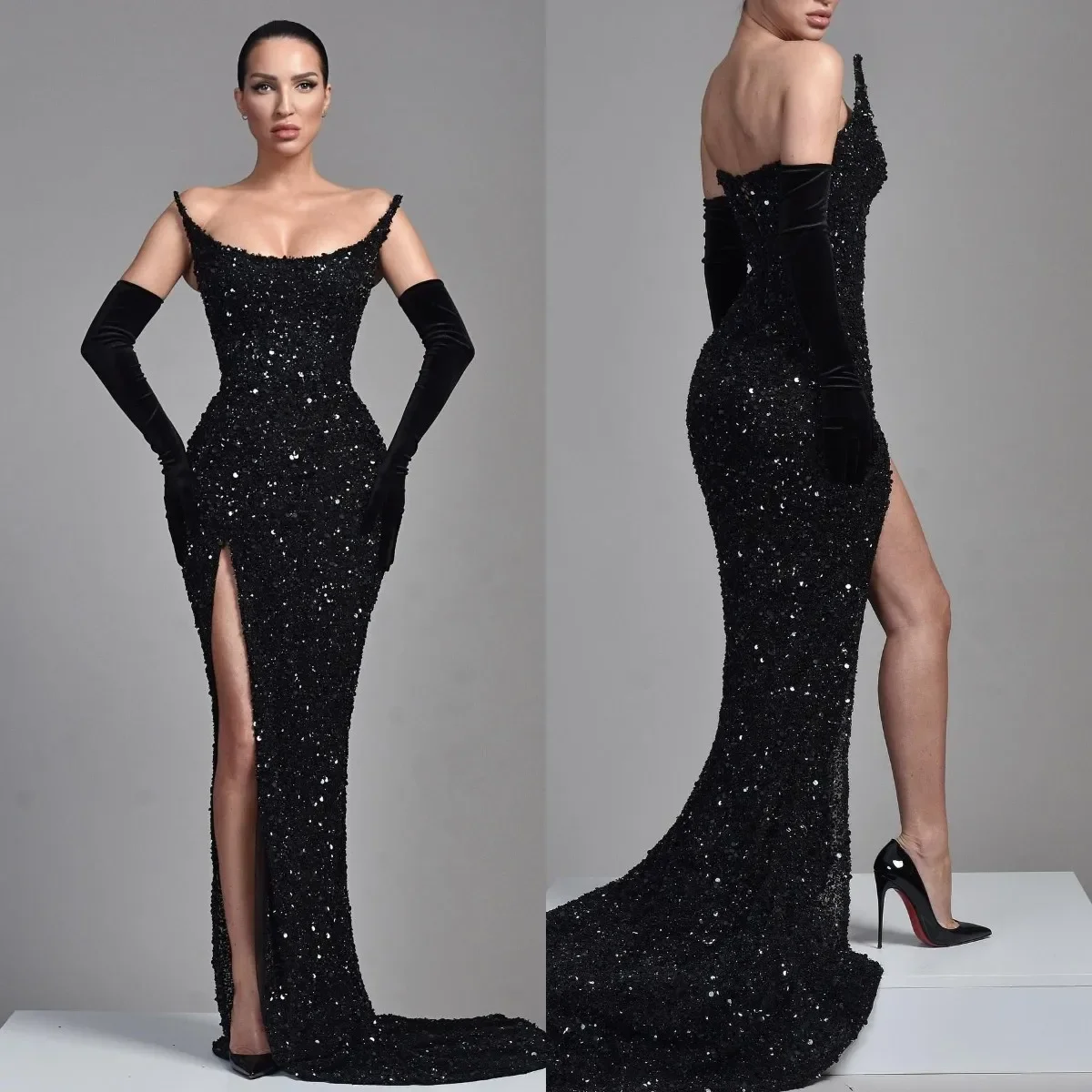 

Sexy Black Sequins Mermaid Evening Dresses 2024 Strapless Split Party Prom Gowns Sweep Train Formal Red Carpet Special Occasion