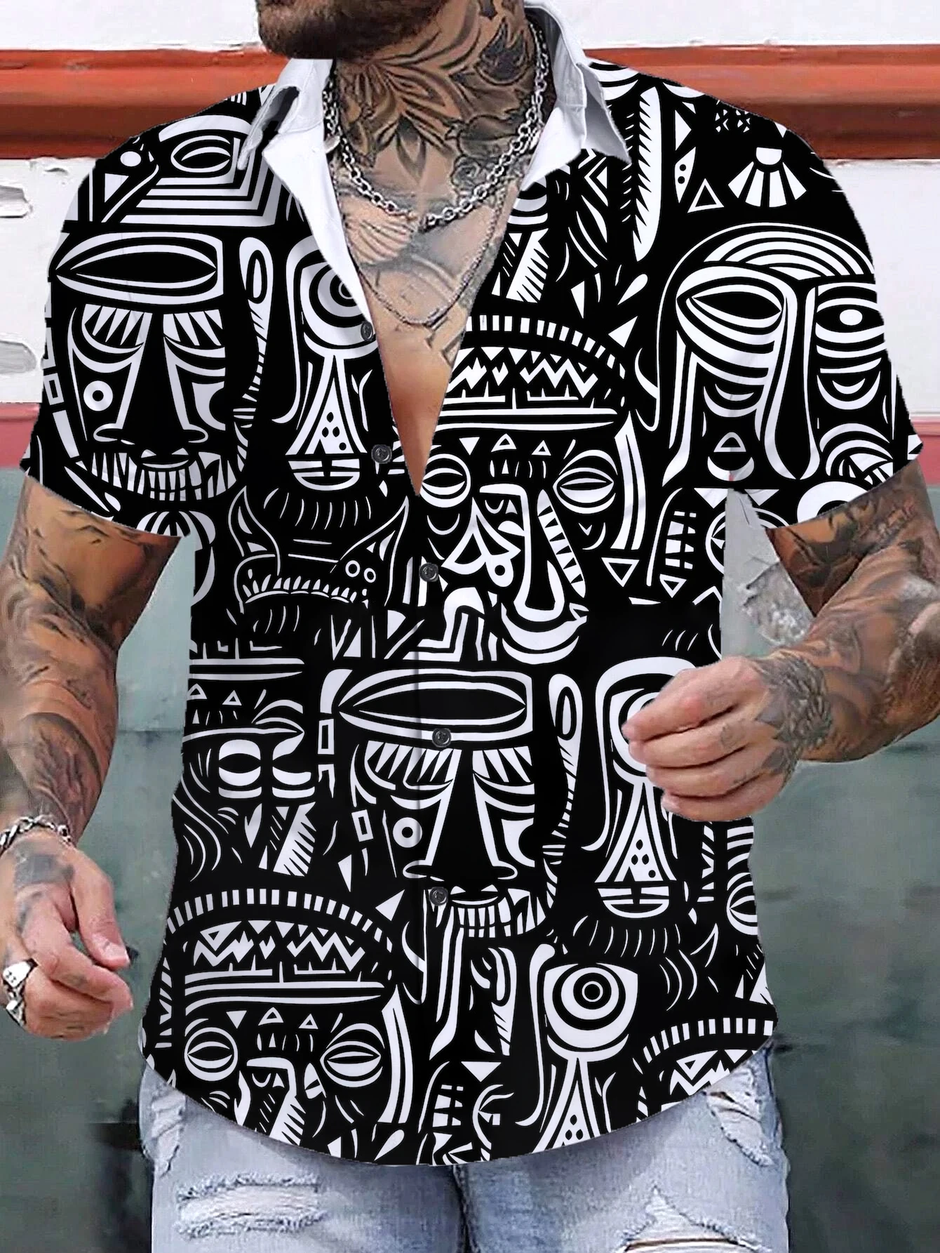 

2024 Summer Men's Shirts Art Tiki Graphic 3D Print Simple Shirts Short Sleeved Tops Streetwear Loose Casual Hawaiian Shirt