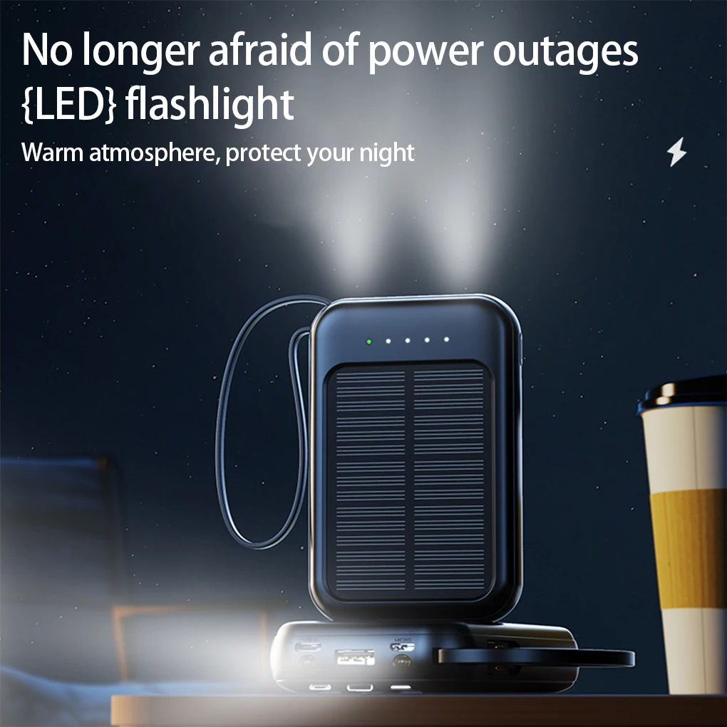 2000mAh High Capacity Solar Power Bank External Charger Powerbank LED Light New Solar Charger Built Cables 2 USB Ports 5