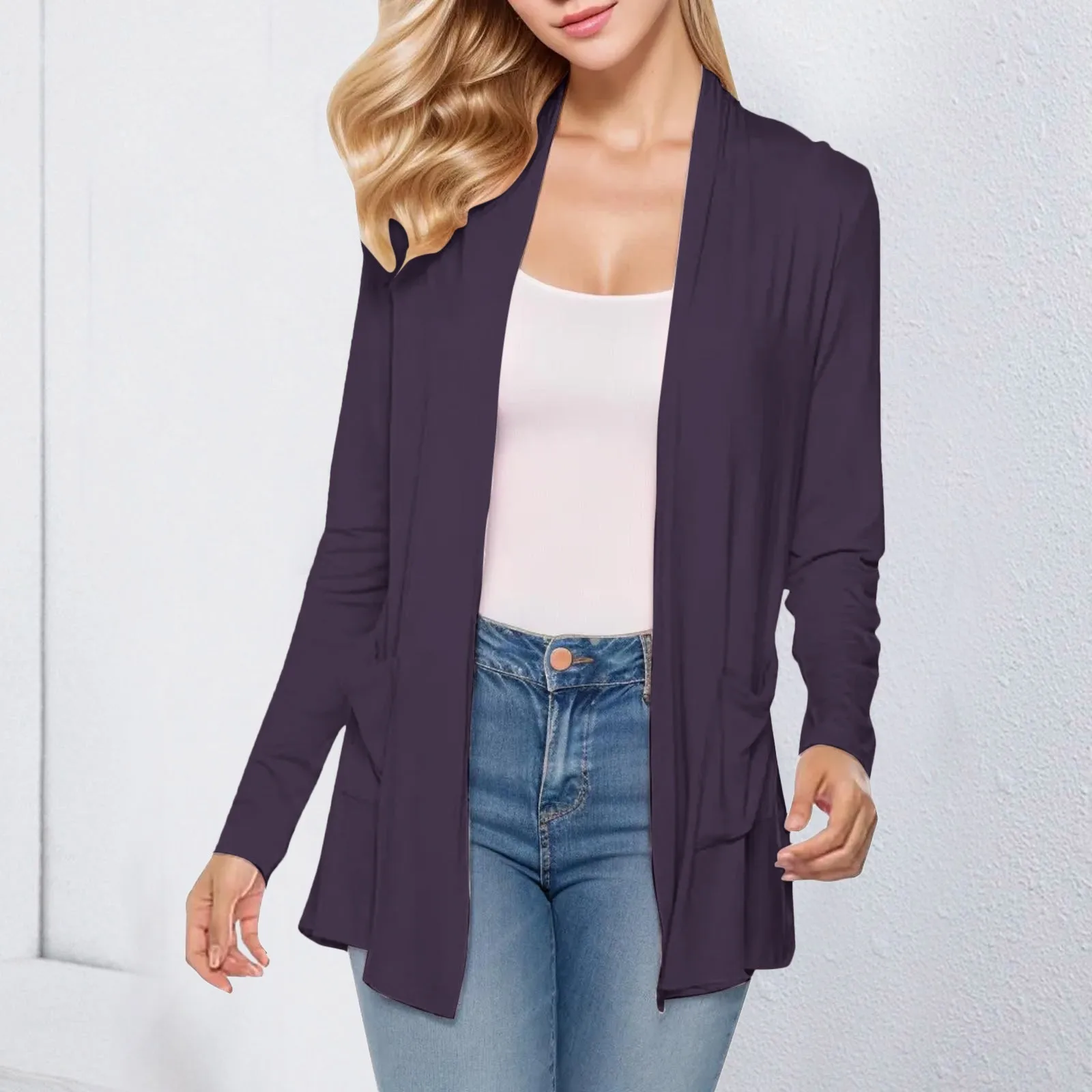 Cardigan Femme Ete Leger Manteau Femme Printemps Mi Long Manteau Couleur Unie Manteaux Décontractés Veste Respirant Vêtements Courte Loungewear Polyvalent Cardigan Quotidiennes Blouse Anti UV Top