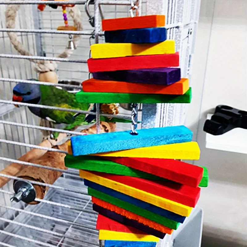 1PCC Parrot Toy Colorful Multi layered Parrot Mouth Bite Toy Wooden Bird Bird Cage Hanger