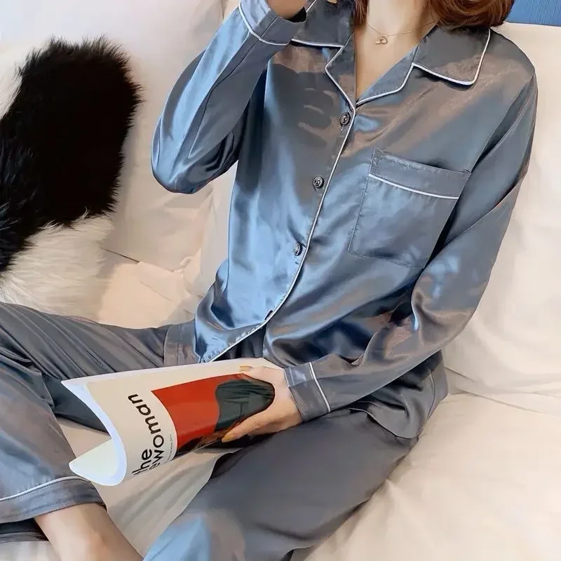 Ice Silk Satin Couples Pajamas Thin New Women  Two-piece Plus Size Homewear Set Pijama Set Women Pijma Hombre