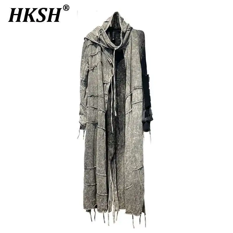 HKSH Spring New Men's Tide Punk Pioneer Waste Land Sand Cotton Tie Dyed Windbreaker Vintage Cut Hooded Long T-shirt Women HK4375