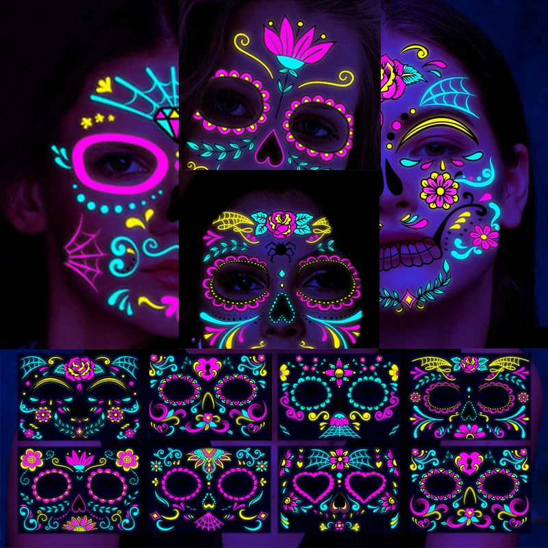 

Day of the Dead Fluorescent Skin Sticker Temporary Tattoos Waterproof for Face Party Music Concert Bar Halloween Tattoo