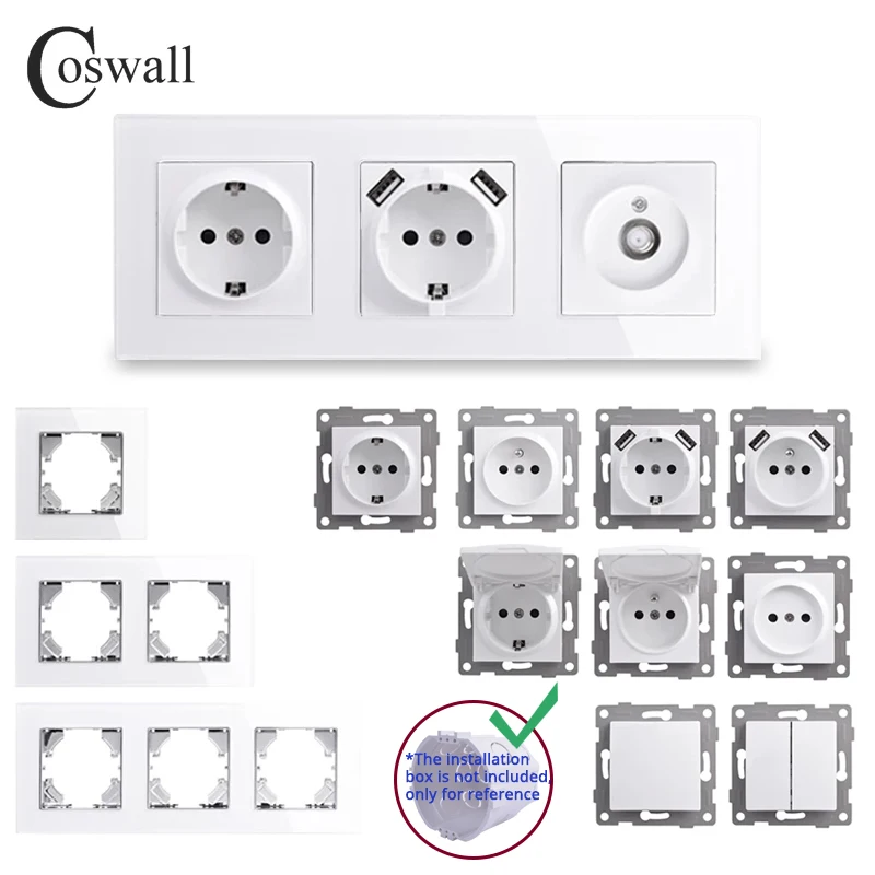 COSWALL HG Series White Glass Panel Wall Light Switch EU Standard Socket USB Charging CAT6 Internet Satellite TV Module DIY