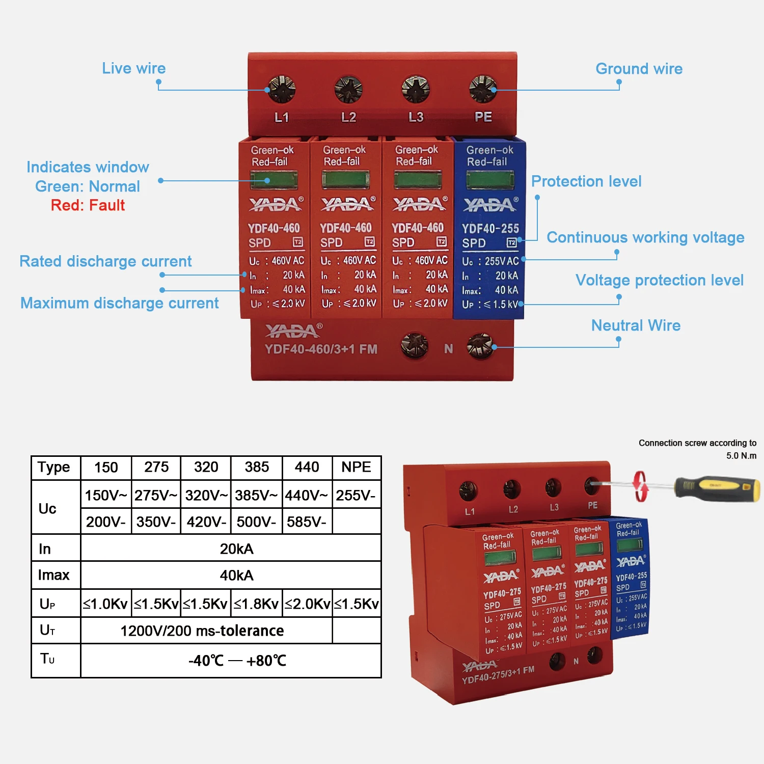 DIN Rail Surge Protector Voltage Surge Arrester Device 2.0KV (4P 40KA) 4P 3-Phase Lightning Protection Device