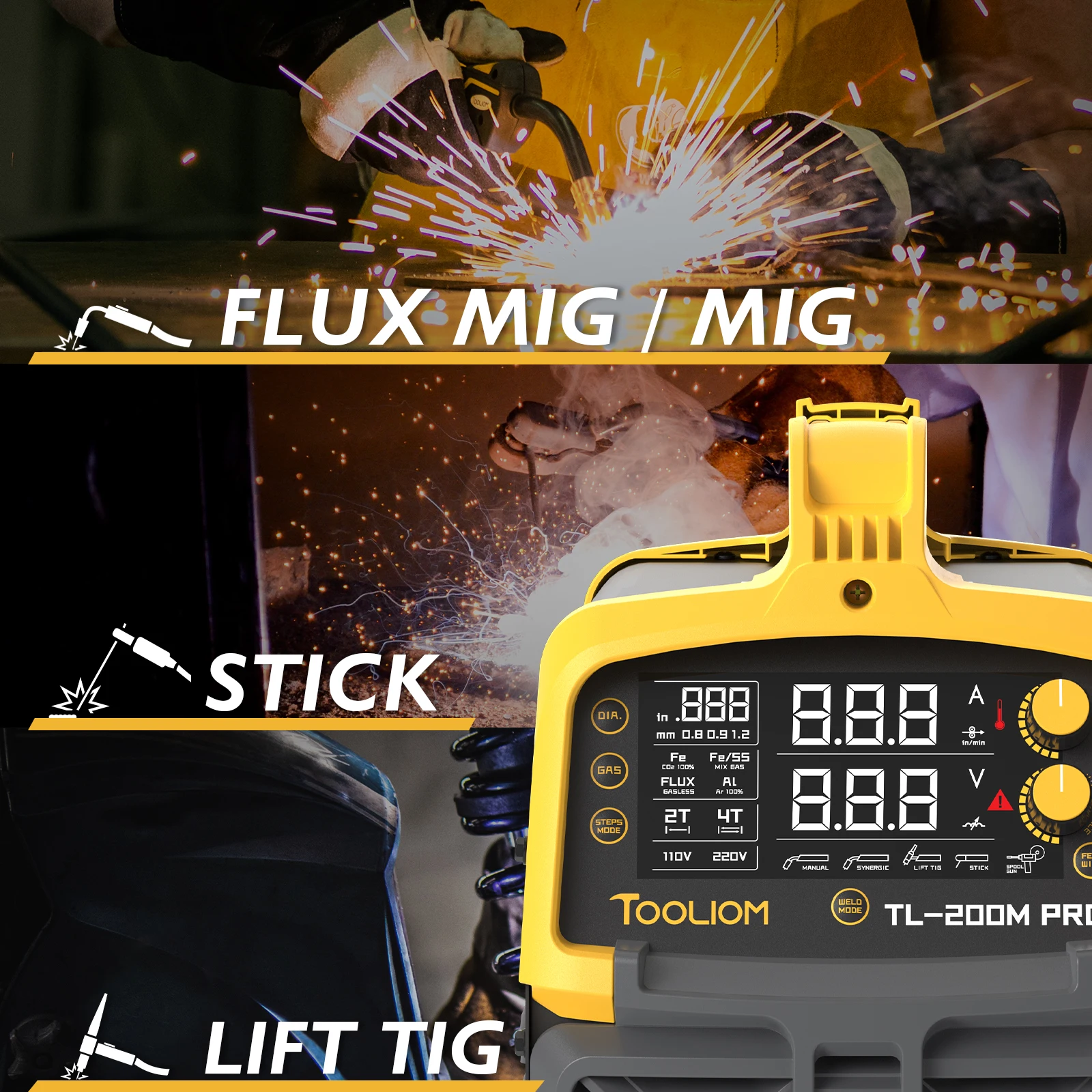 TOOLIOM 200A MIG Welder 4 in 1 MIG/Flux MIG/Lift TIG/Stick Welder 110/220V Dual Voltage Aluminum Welding Machine 5