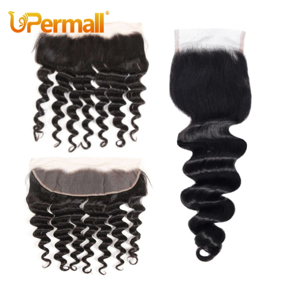 Upermall 루즈한 딥 5x5 4x4 레이스 클로저, 미리 뽑은 스위스 투명 13x4 귀-귀 정면 천연 블랙 100 레미 인모