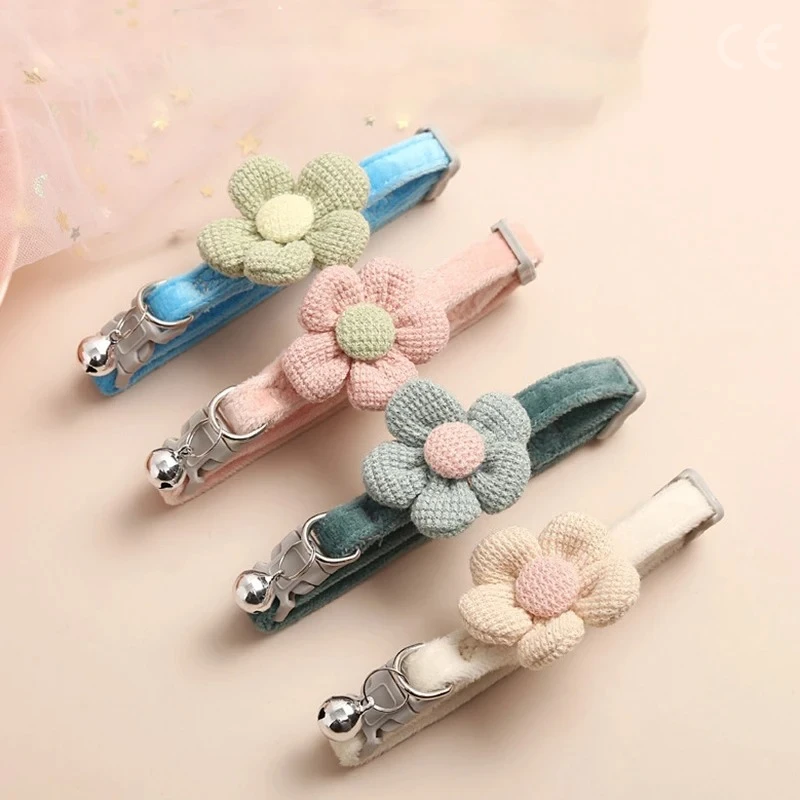 Pet Collar Cat Bell Collar Colorful Adjustable Sweat Cute Cartoon Pet Collar Sun Flower Bowtie Soft Polyester Small Dog Cat Necklace