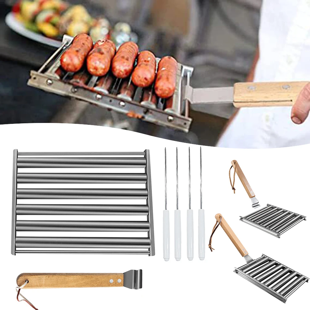 BBQ Tools Rolling Hot Dog Grill Stainless Steel Sausage Rack Kitchen Outdoor Camping Disassembled Barbecue Clip