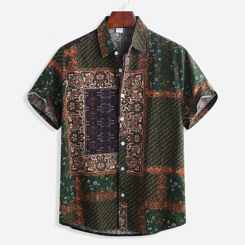 

Casual Breathable Hawaiian Shirt for Mens Ethnic Style Floral Print Color Block Button Up Short Sleeve Shirts 4XL 5XL