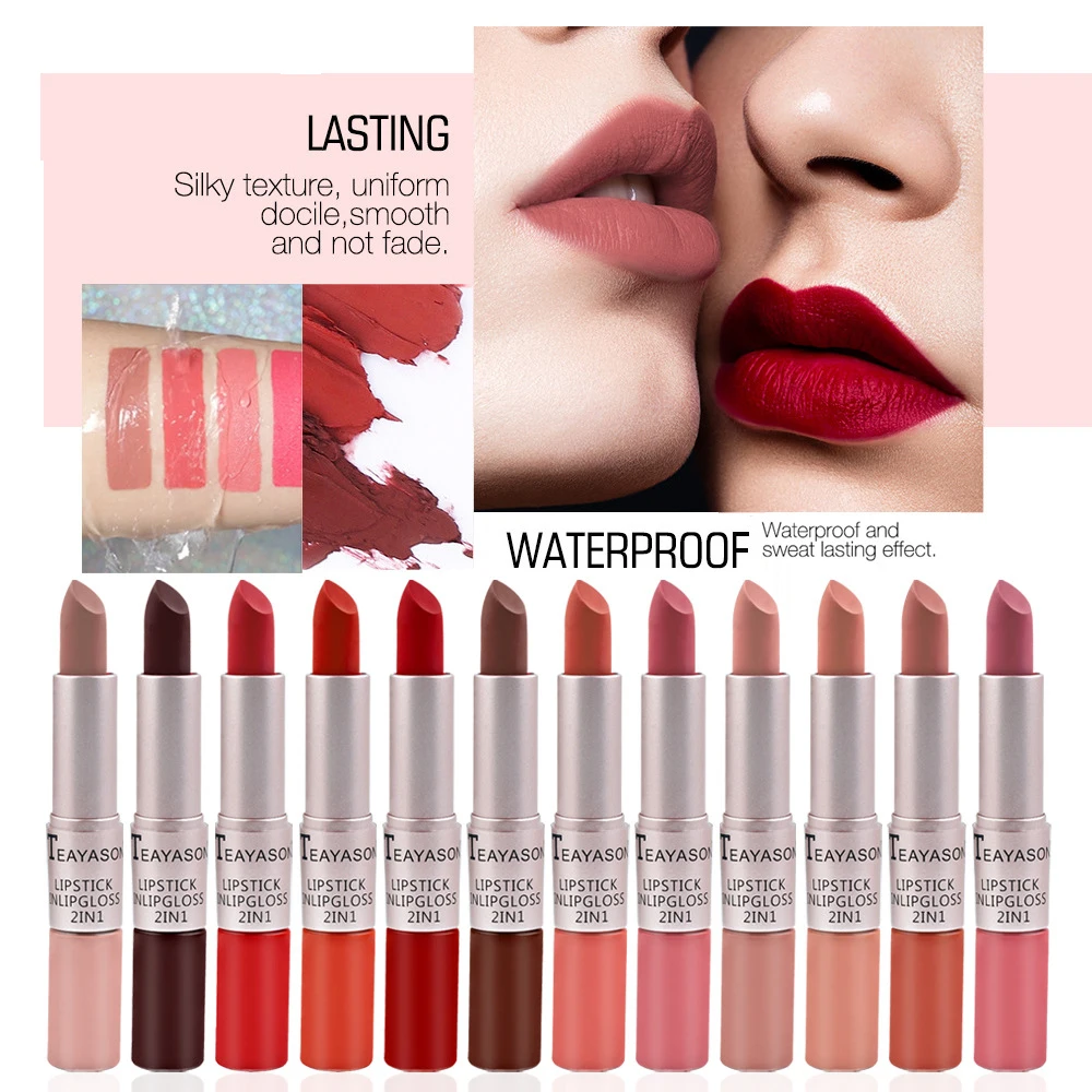2-in-1 Matte Red Lipstick  Gloss - Long Lasting Velvet Waterproof Makeup
