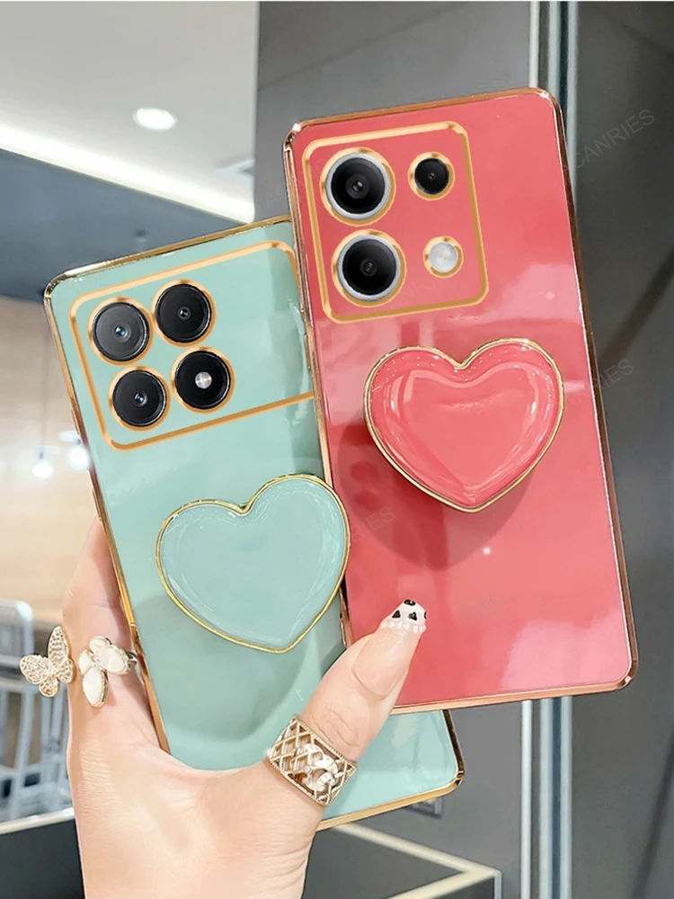 Luxury Love Heart Phone Holder Plating Case with Stand and Silicone Back Cover