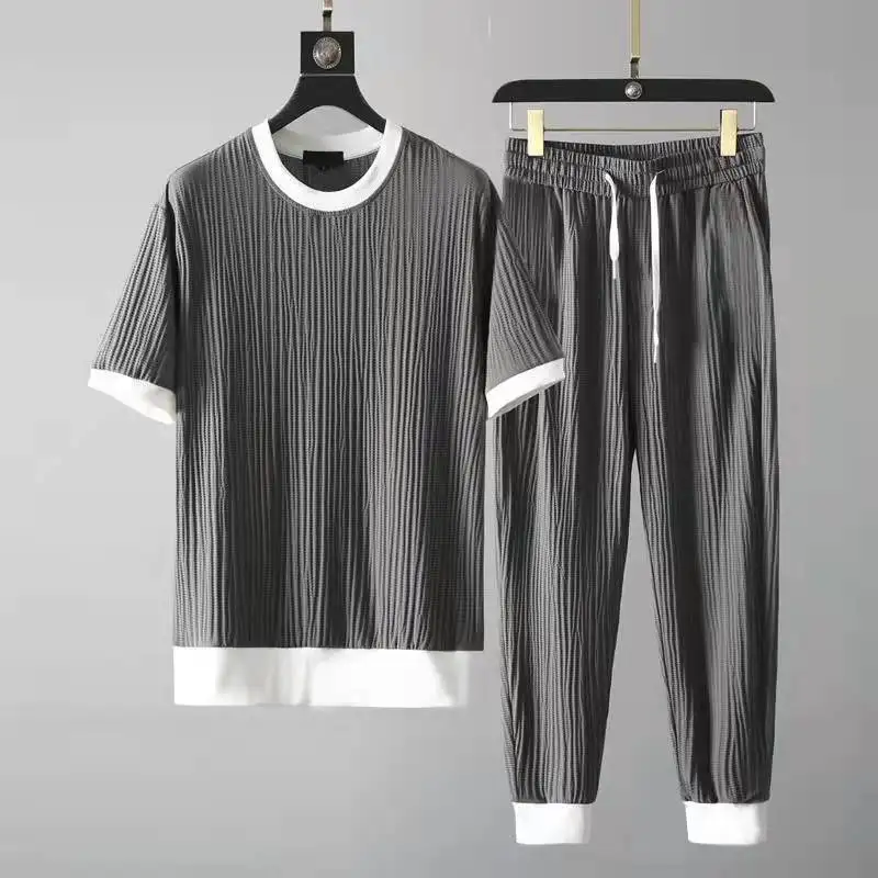 Summer Casual Suit Men's 2025 New Round Neck Elastic Breathable Pleated Short-sleeved Nine-point Pants Thin One Set S41eba38b0fe941ca9030af2ef4ed411bd