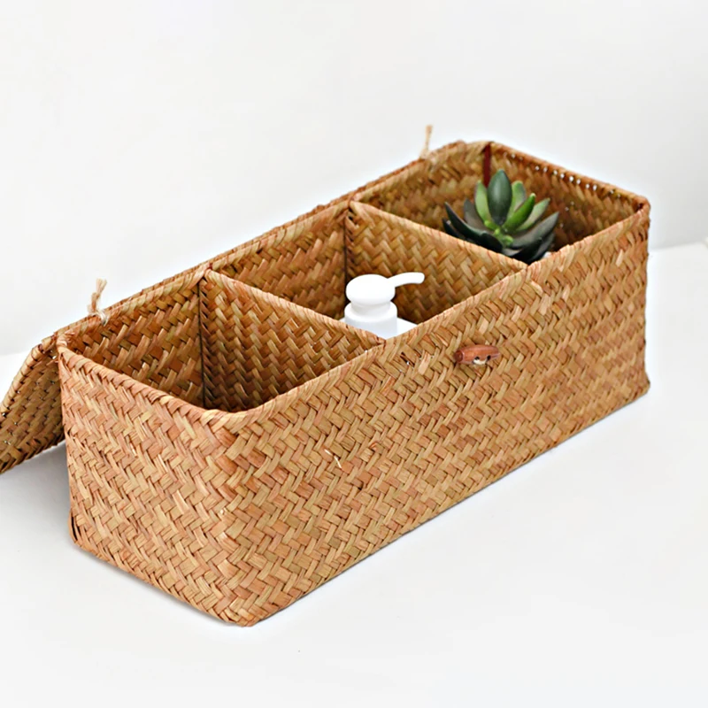 YARDWE Cesta de paja con tapa, cestas tejidas, 2 unidades, caja de  almacenamiento tejida, contenedor de almacenamiento apilable, organizador  de