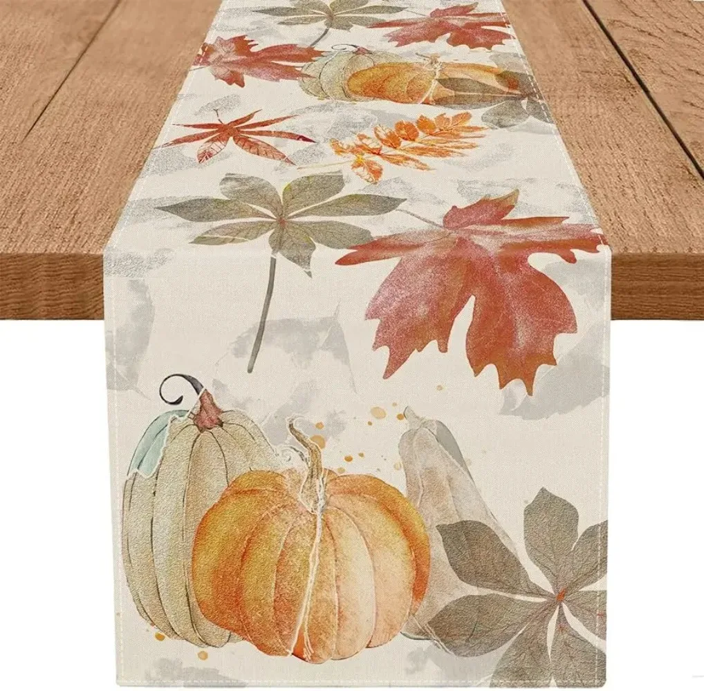 Autumn Pumpkin Maple Leaf Watercolor Retro Table Runner Thanksgiving Harvest Home Kitchen Dining Party Decor Washable Table Flag 1