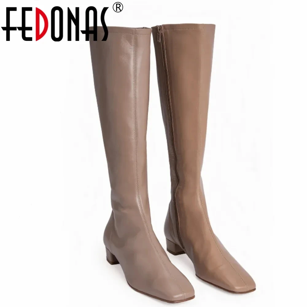 Women Knee High Boots Soft Genuine Leather Warm Long Shoes Woman High Heeled Motorcycle Boots Elegant Lady FEDONAS Brand women knee boots