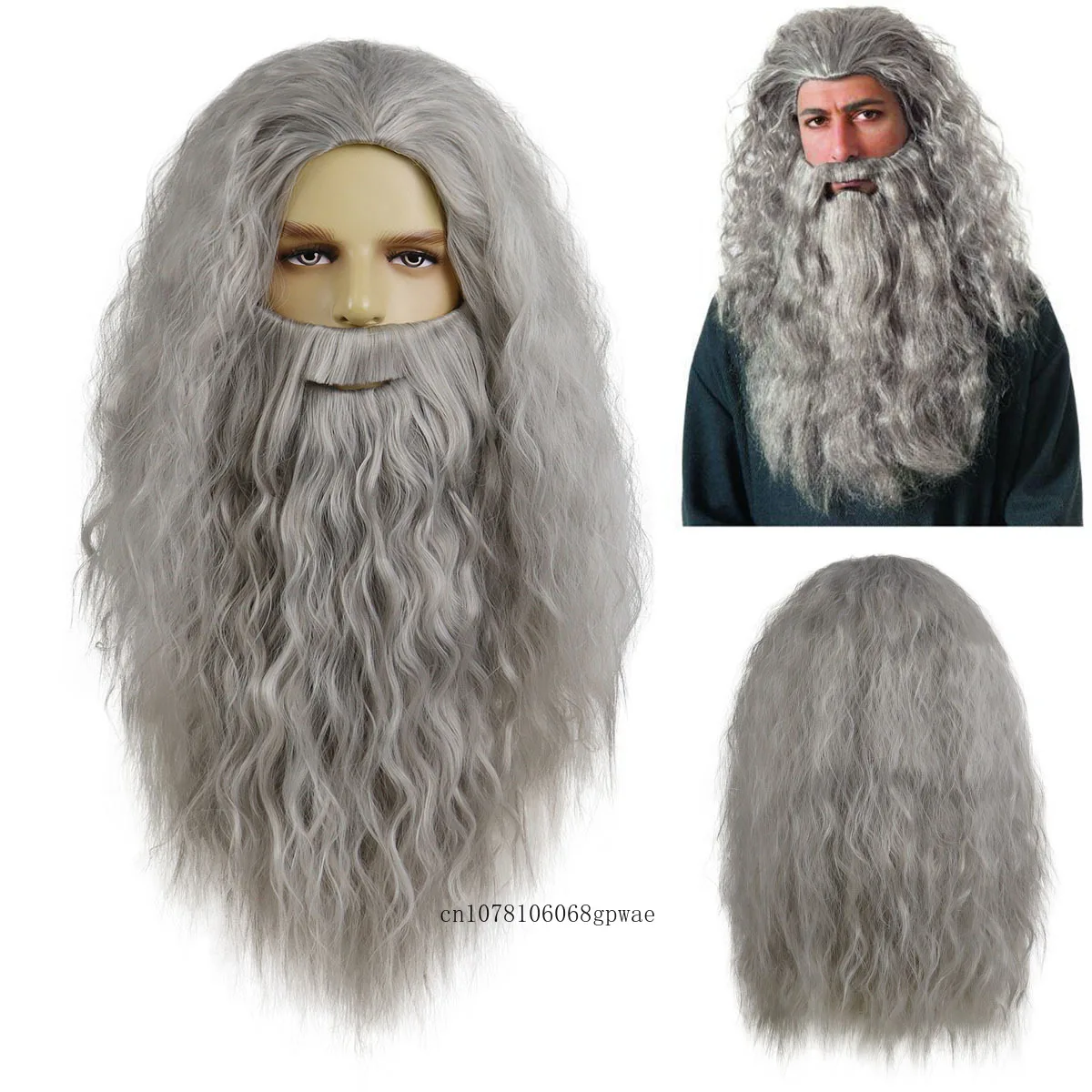 Dumbledore Cosplay Wigs Gandalf Mithrandir Grey Wig with Beard Heat Resistant Synthetic Long Curly Wave Hair Wig for Men Male