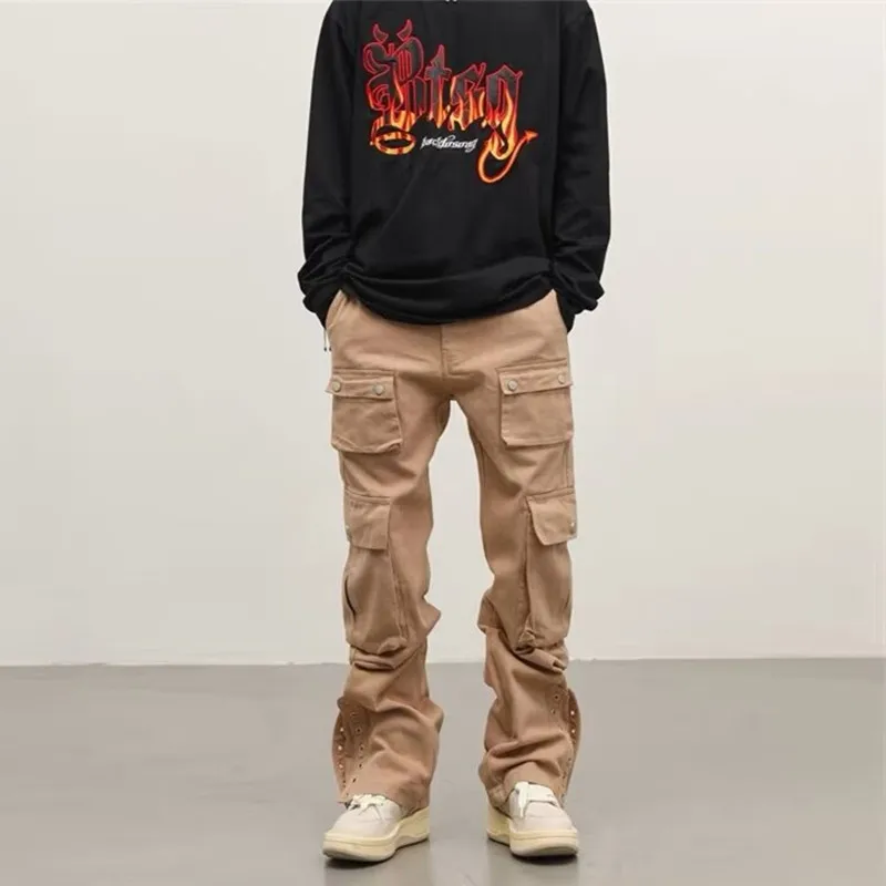 

2024 Vibe Y2K Fashion Kanye Khaki Streetwear Cargo Jeans Pants Men Clothes Multi Pockets Straight Hip Hop New Rock Ropa Hombre